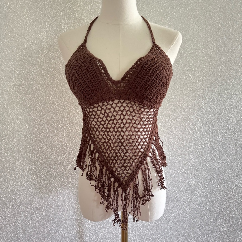 Sans Souci Brown Crochet Halter Top Boho Fringed Festival Padded Large indie